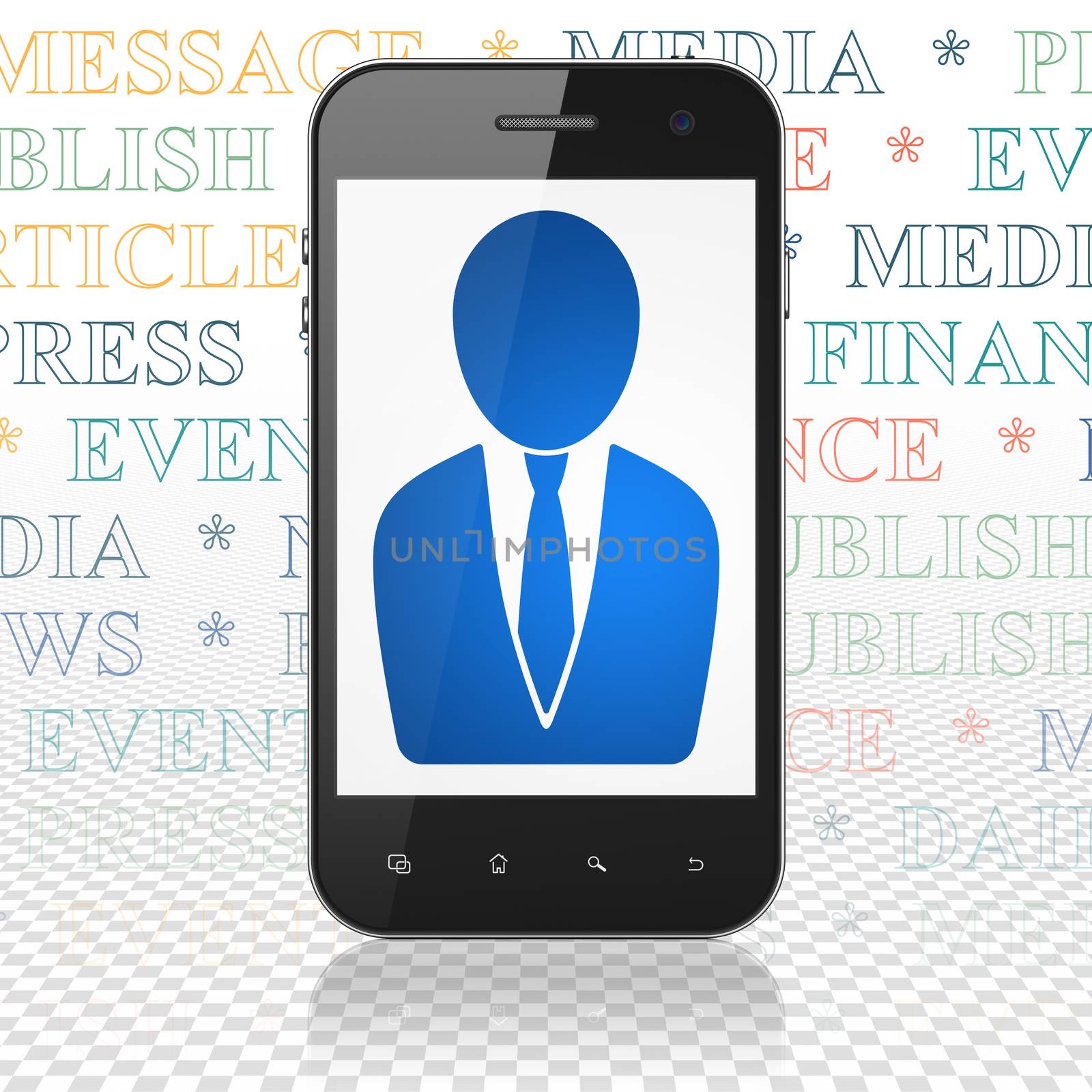 News concept: Smartphone with  blue Business Man icon on display,  Tag Cloud background