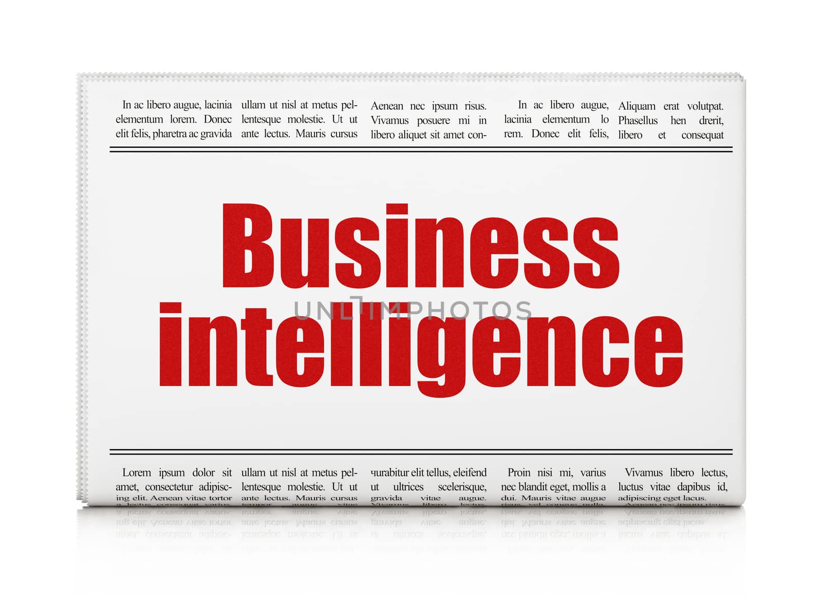 Finance concept: newspaper headline Business Intelligence on White background, 3d render