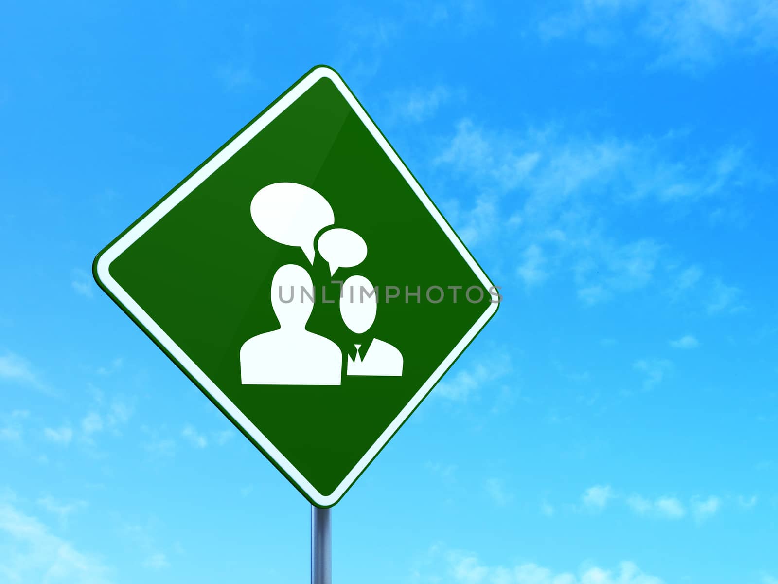 Business concept: Business Meeting on green road highway sign, clear blue sky background, 3d render