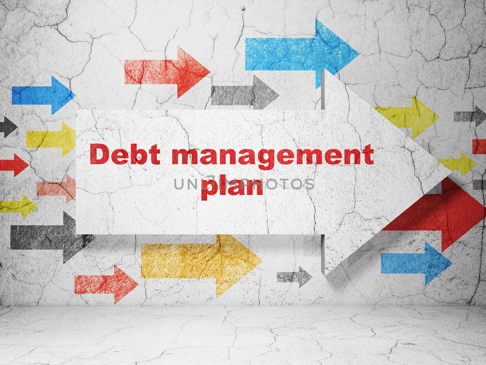 Business concept:  arrow with Debt Management Plan on grunge textured concrete wall background