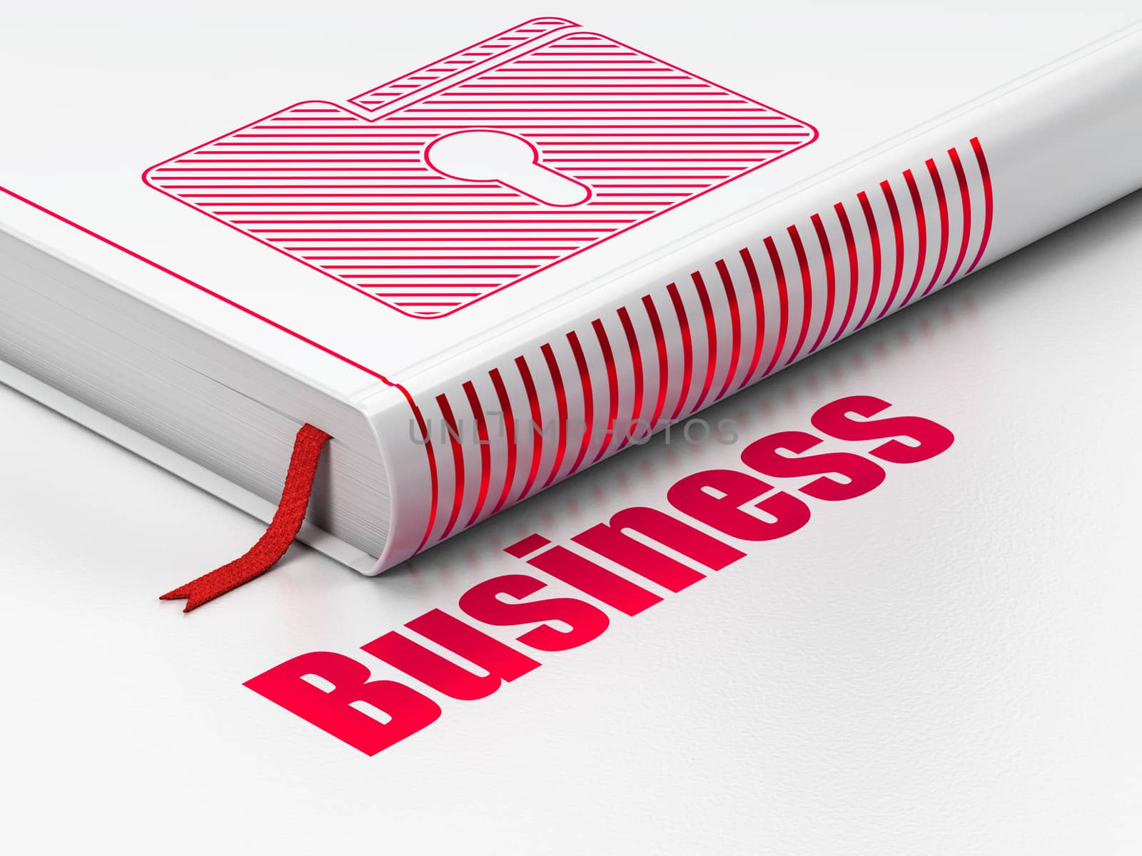 Finance concept: closed book with Red Folder With Keyhole icon and text Business on floor, white background, 3d render