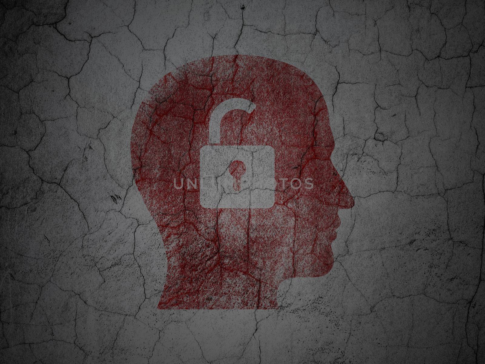 Finance concept: Red Head With Padlock on grunge textured concrete wall background