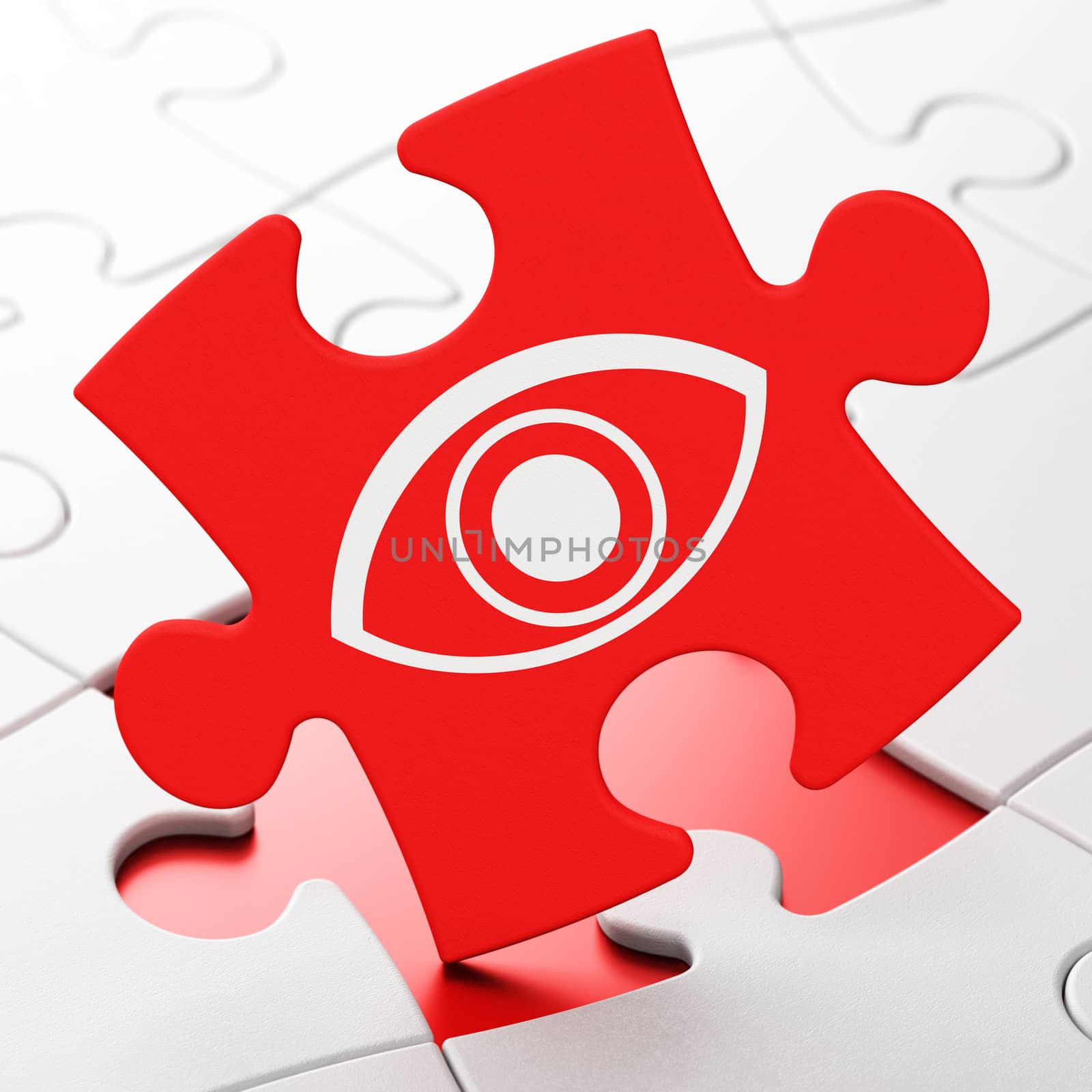 Privacy concept: Eye on Red puzzle pieces background, 3d render
