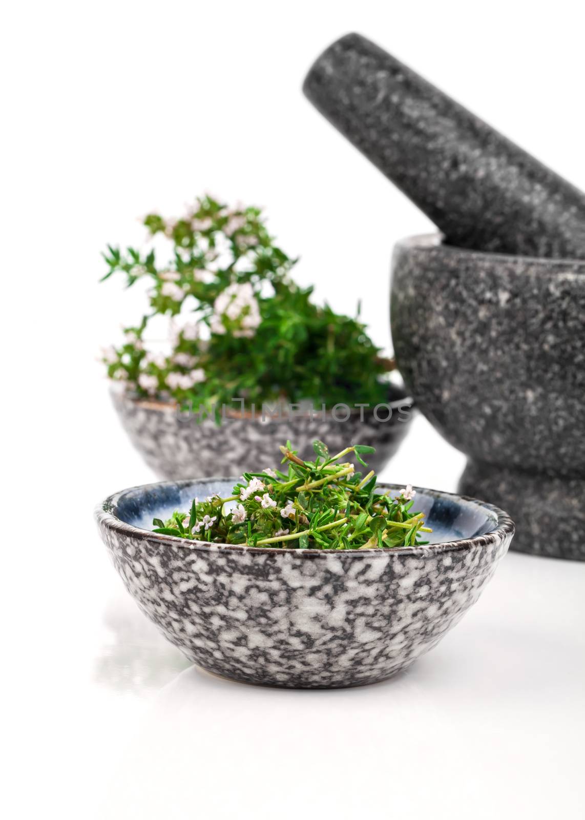 Thyme in bowl isolated on white background. by motorolka