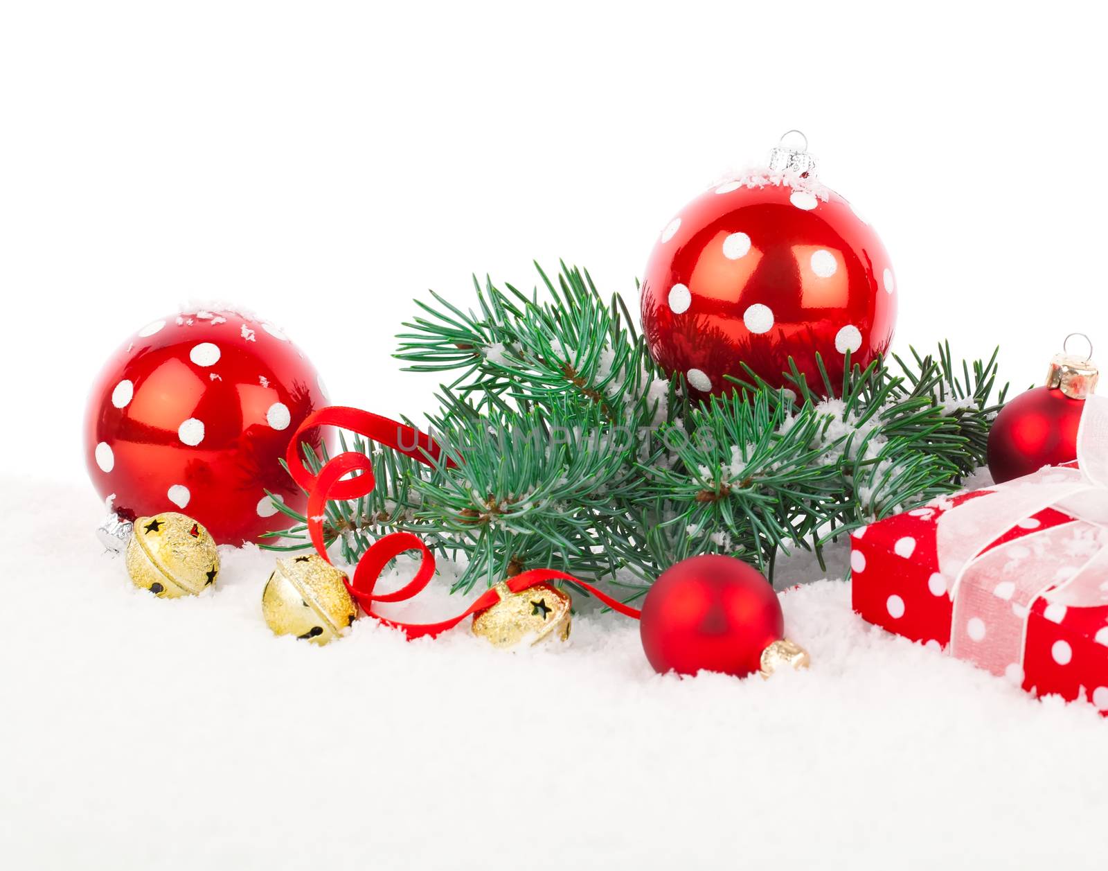 Christmas balls and fir branches with decorations isolated over  by motorolka