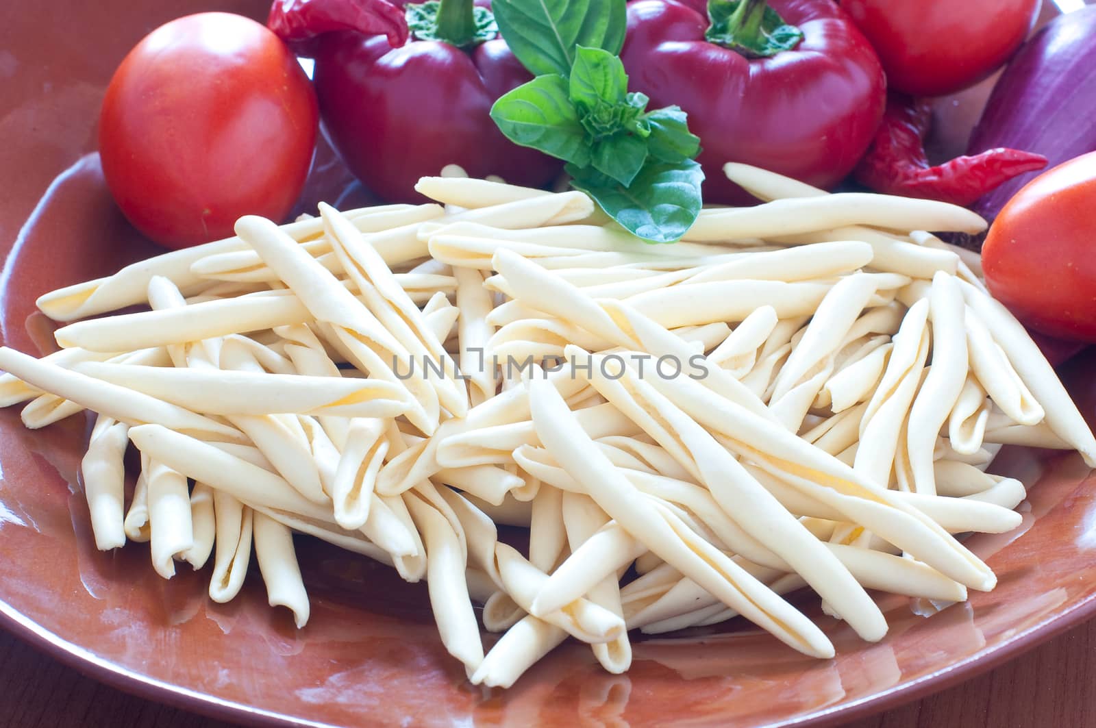 Typical Calabrian pasta called " fileja " with chilli and tomato, italy