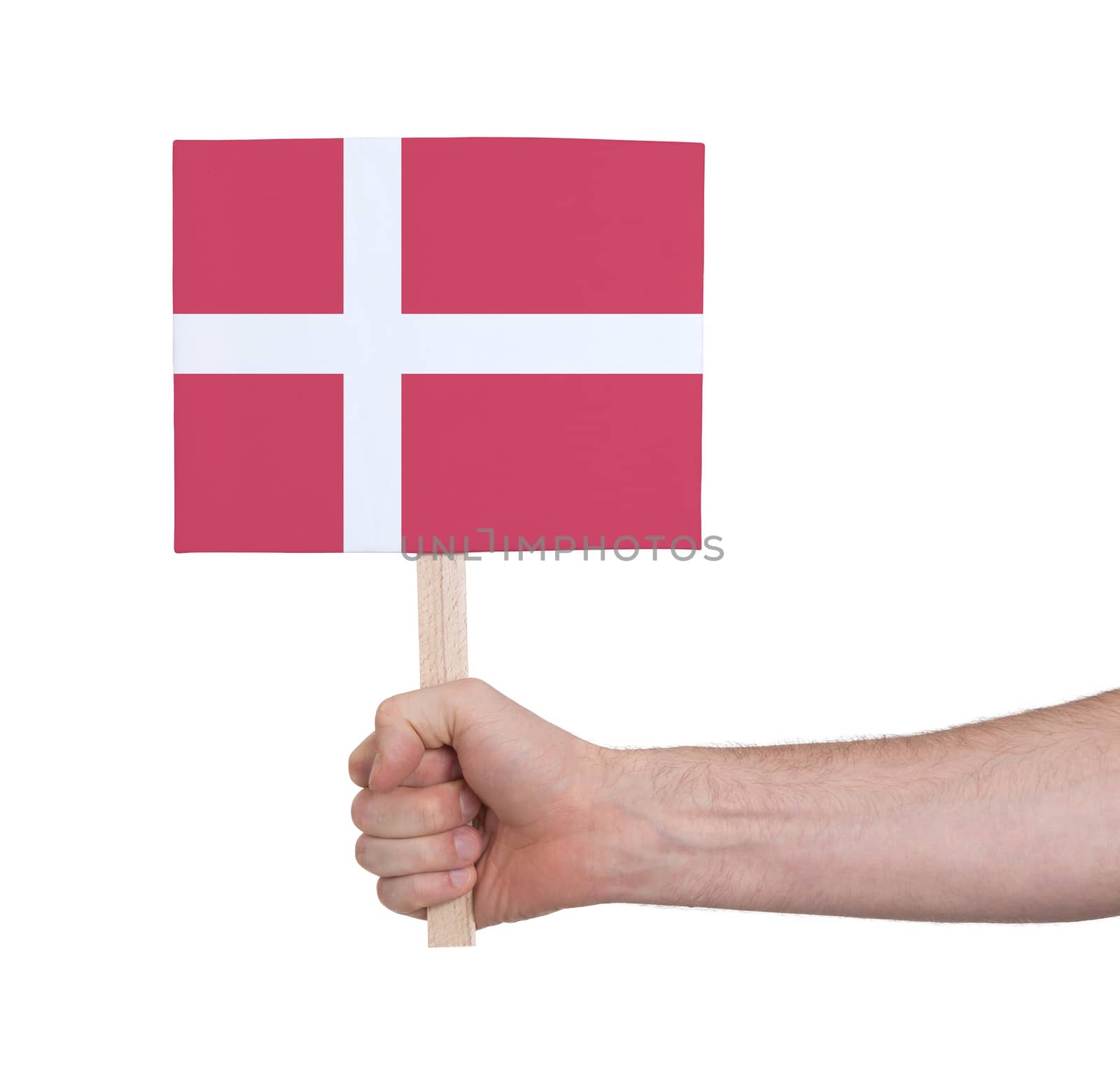 Hand holding small card, isolated on white - Flag of Denmark