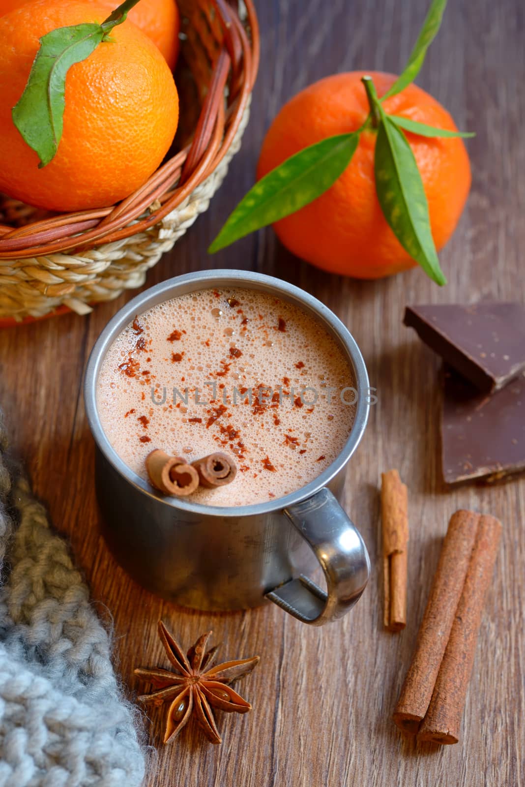 Homemade Peppermint Hot Chocolate on old wooden table