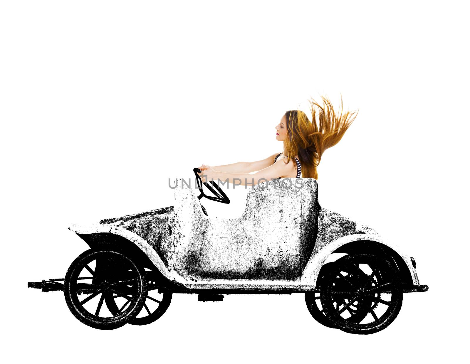 Woman in retro grunge toy car over a white background.