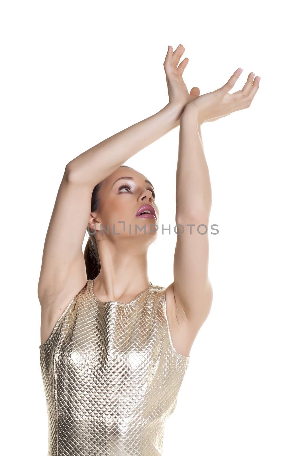 Casual young woman over a white background.