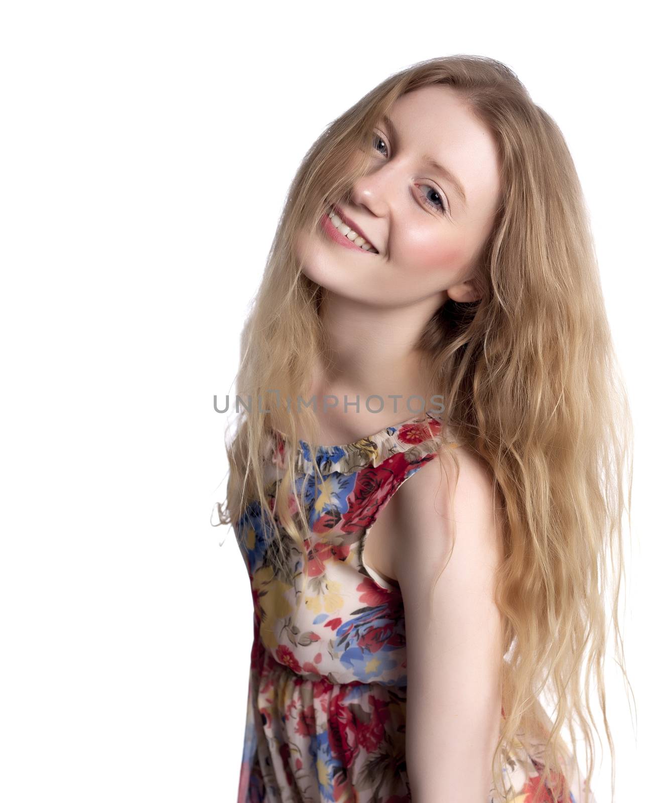 Fashionable blond woman over a white background.