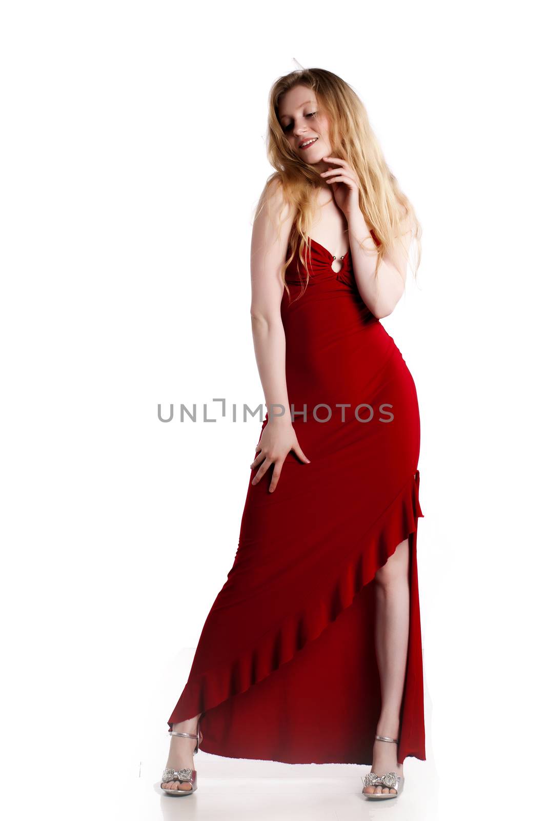 Fashionable blond woman over a white background.