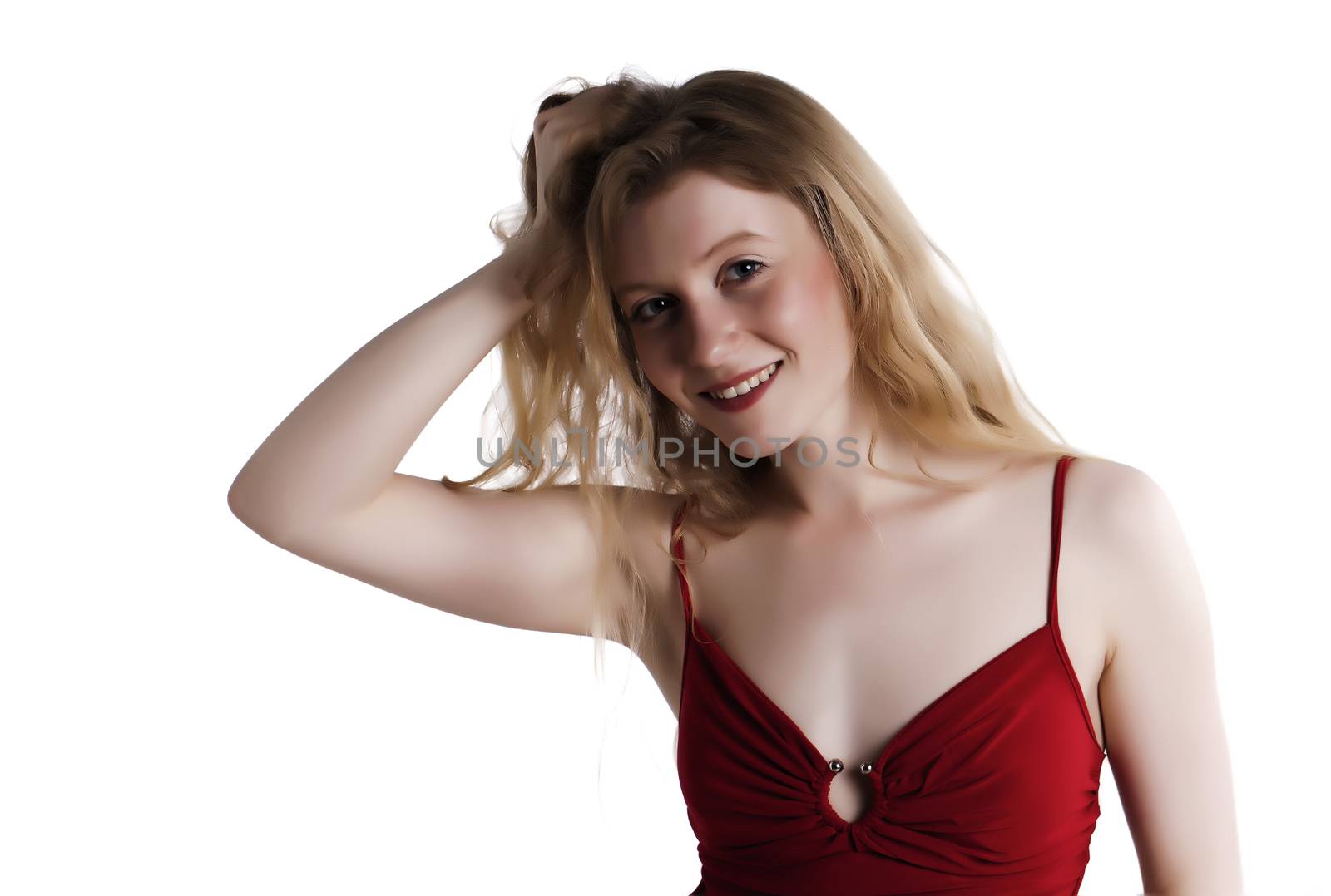 Fashionable blond woman over a white background.