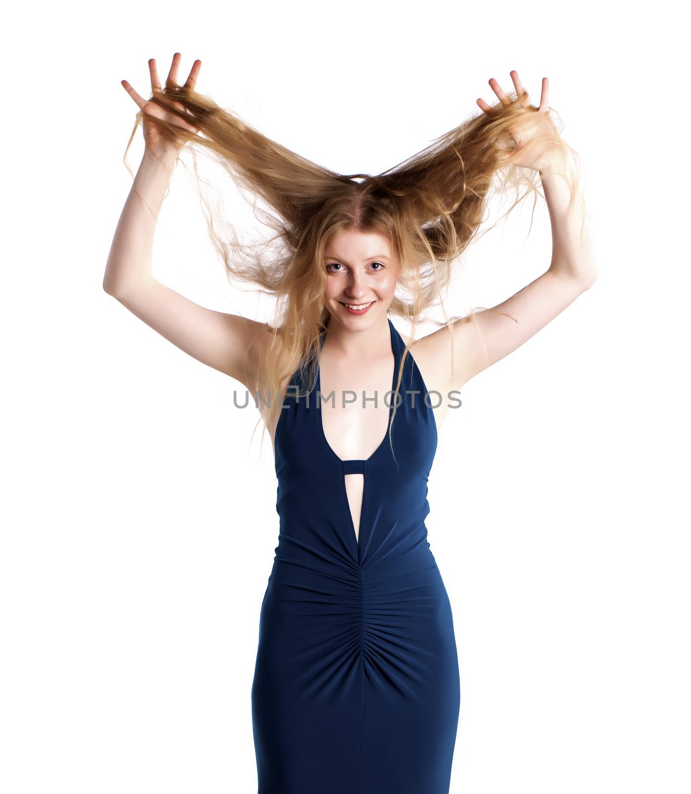 Fashionable blond woman over a white background.