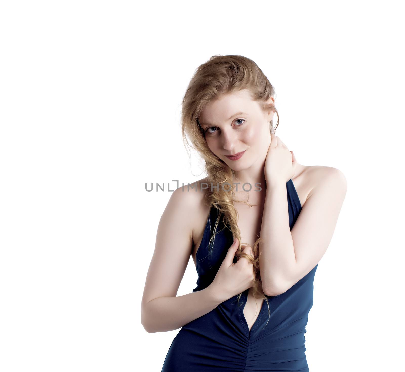 Fashionable blond woman over a white background.