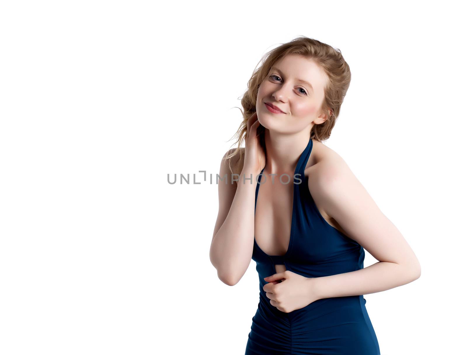 Fashionable blond woman over a white background.