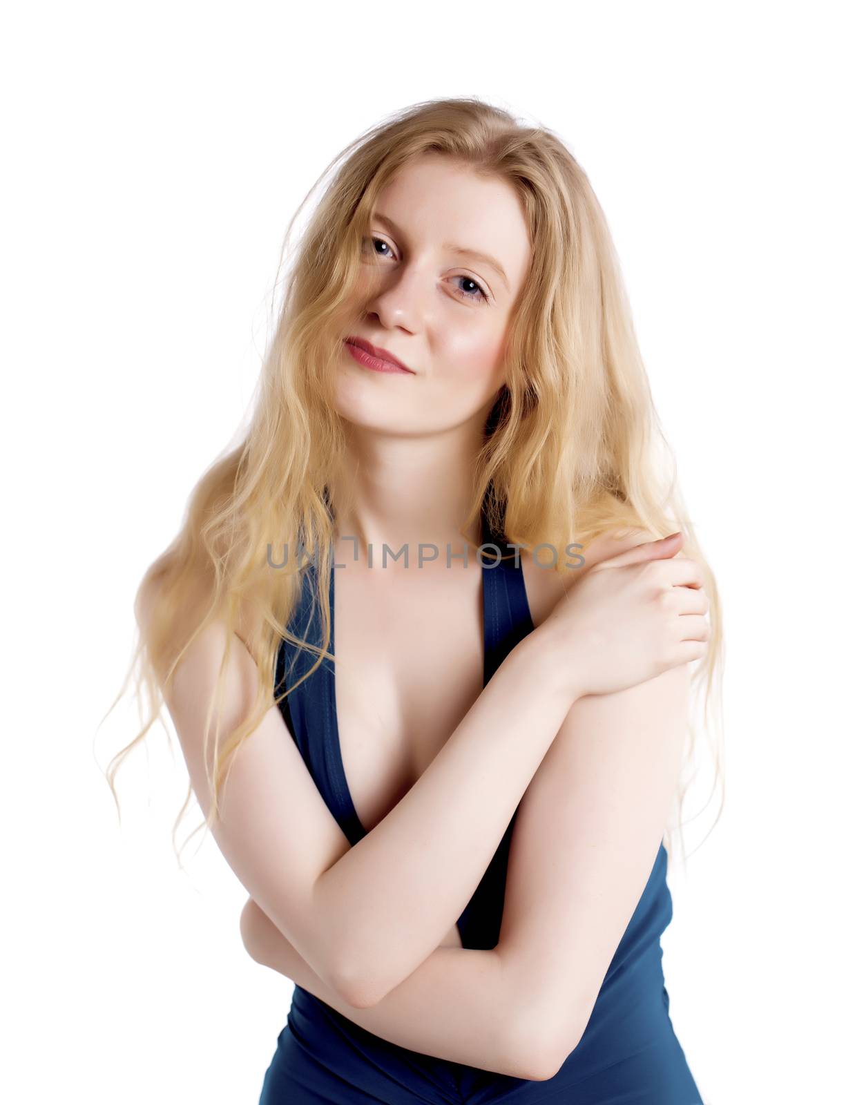 Fashionable blond woman over a white background.