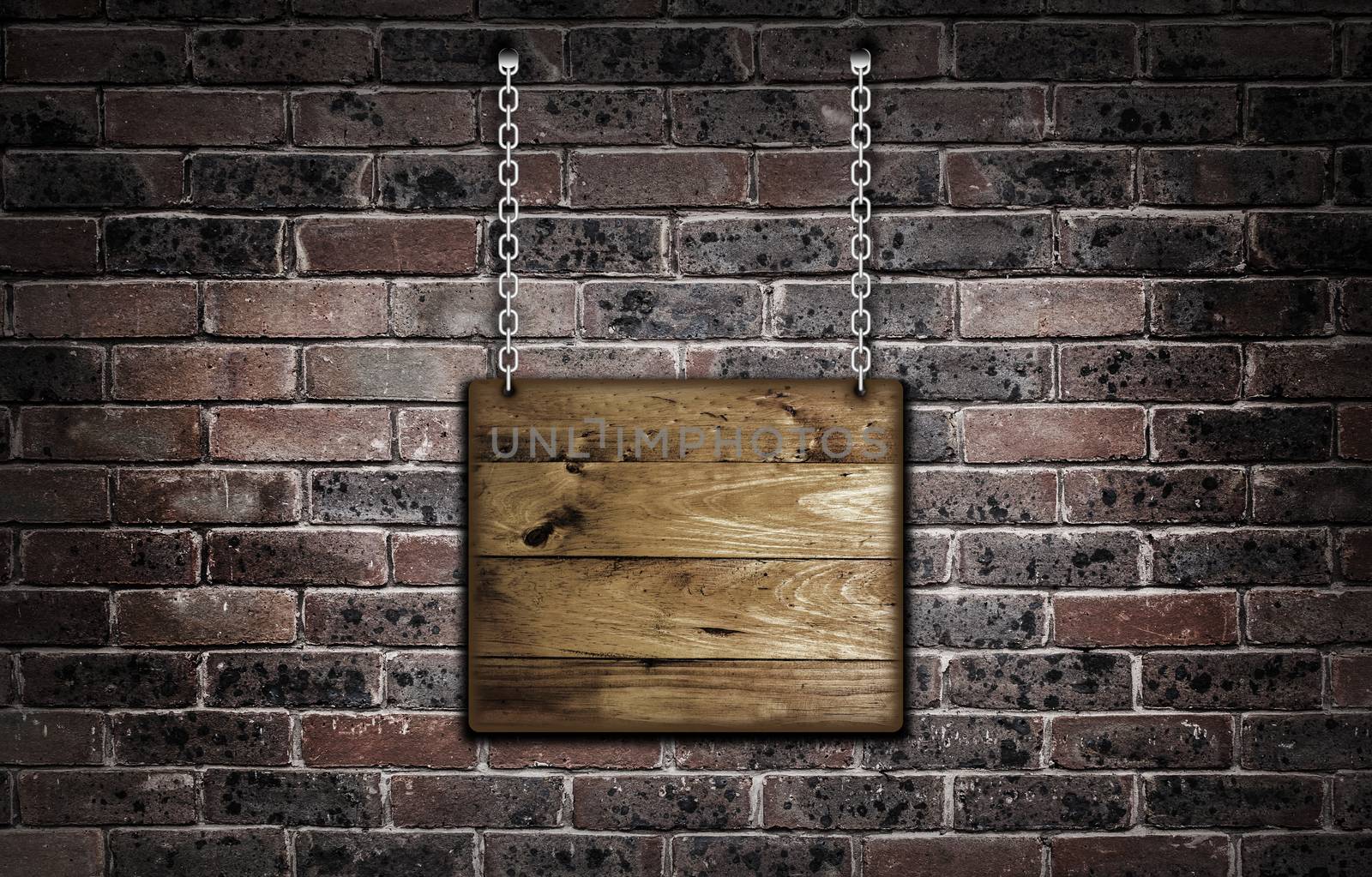 Wooden hanging sign over a brick background.