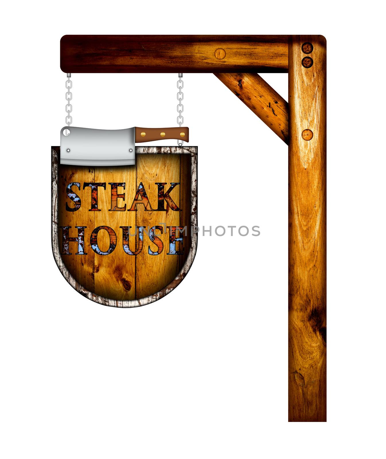 Steak house sign over a white background.