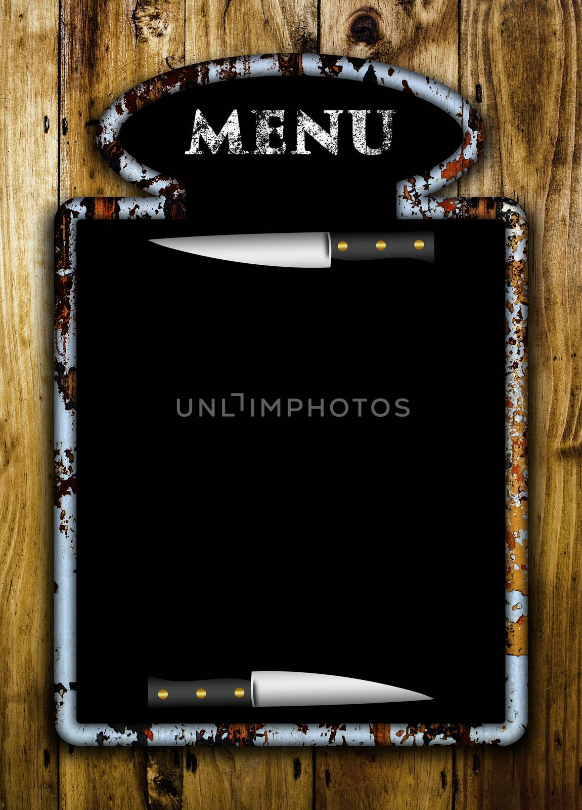 Blank menu board on a wooden wall.