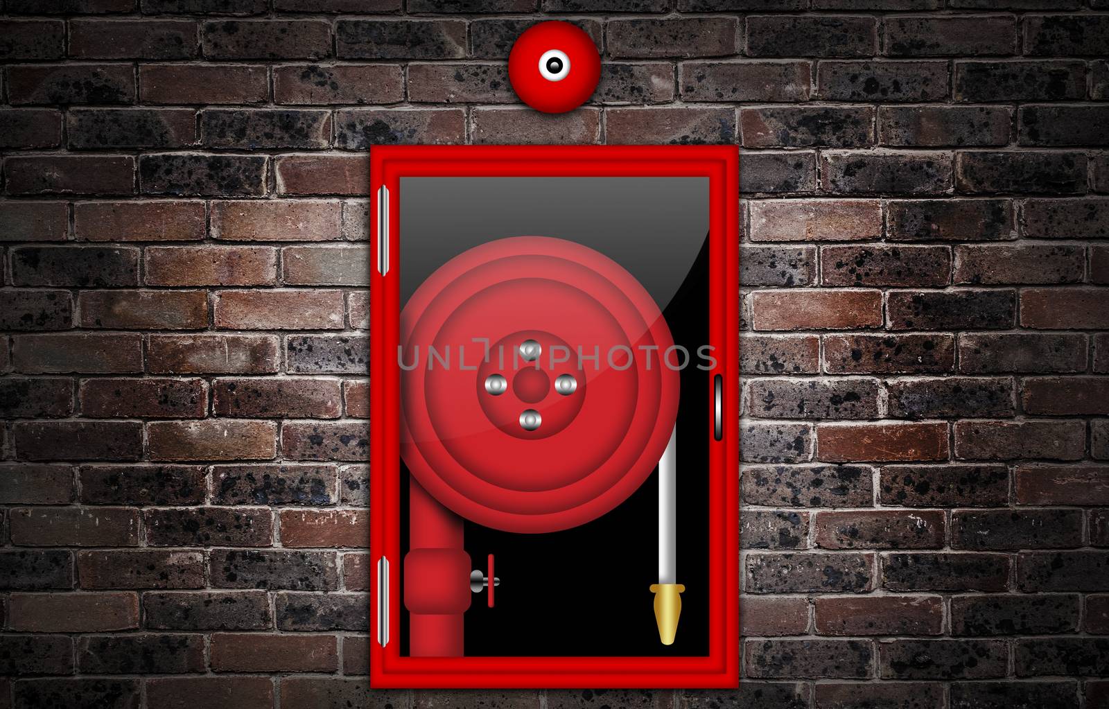 Illustration of a fire hose against a brick wall.