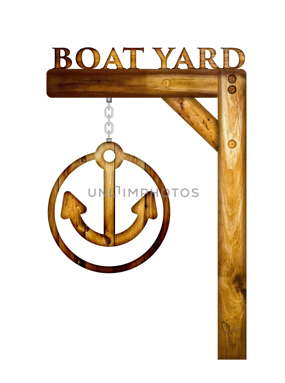 Wooden boat yard sign over a white background.