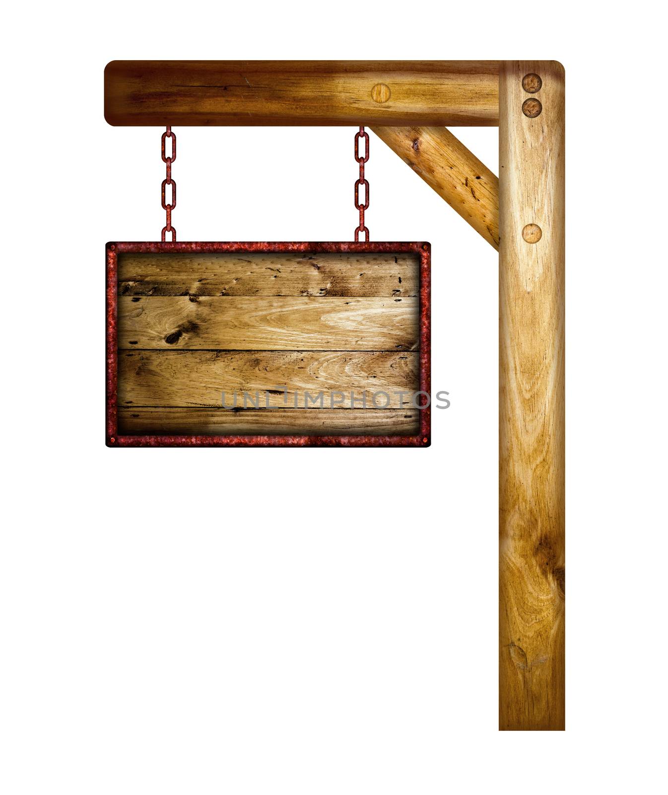 Wooden hanging sign over a white background.