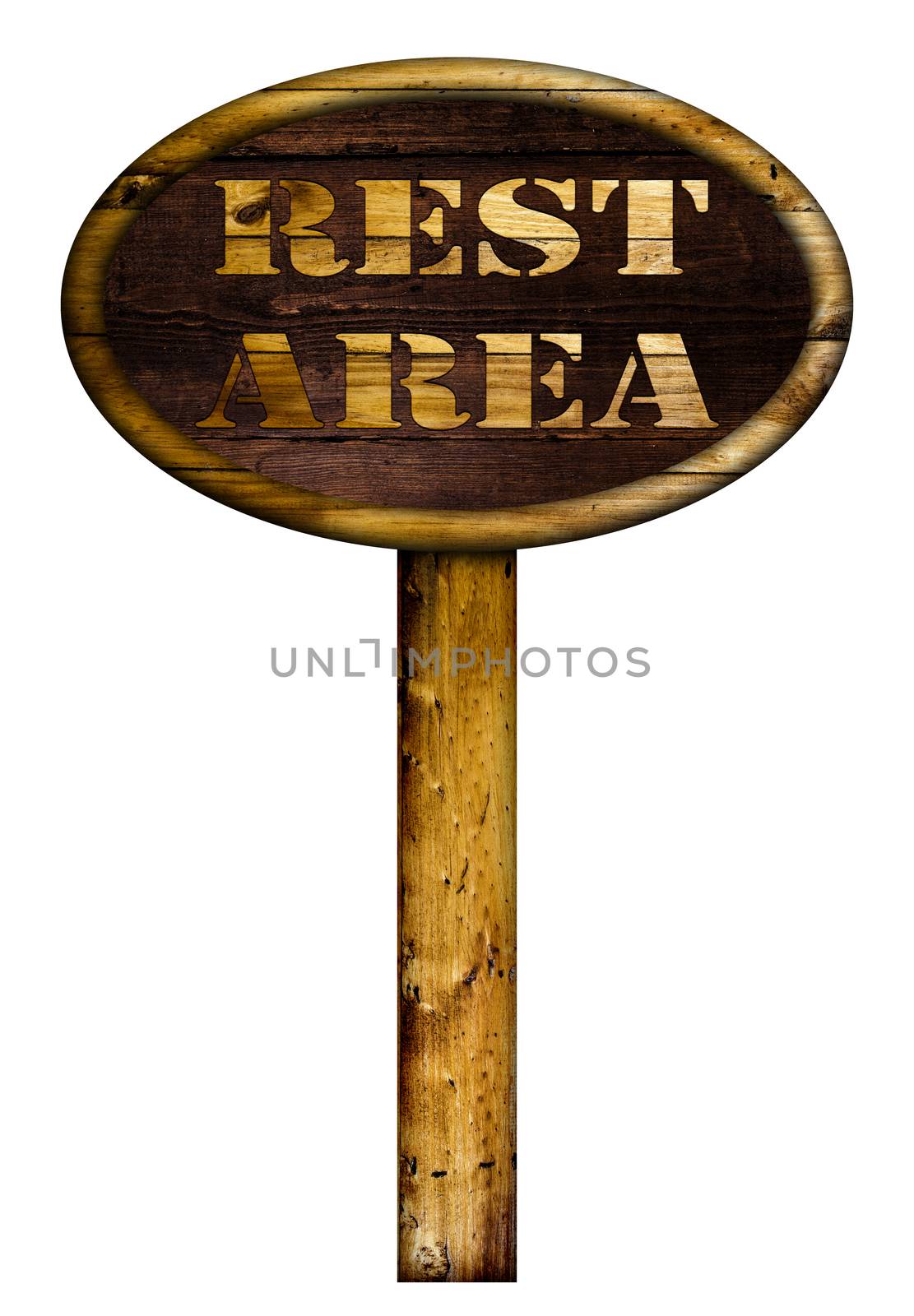 Wooden rest area sign over a white background.