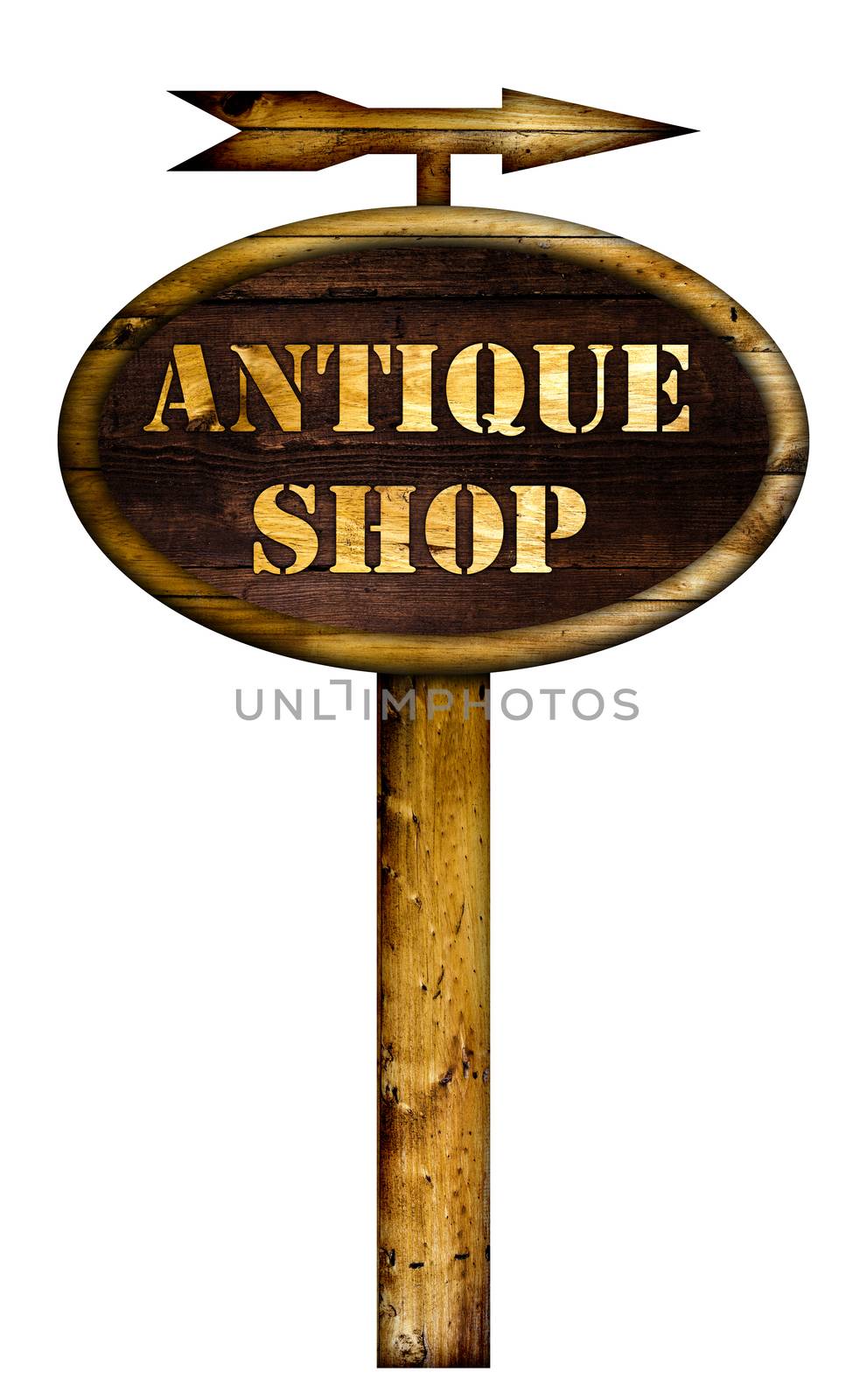 Wooden antique shop sign over a white background.