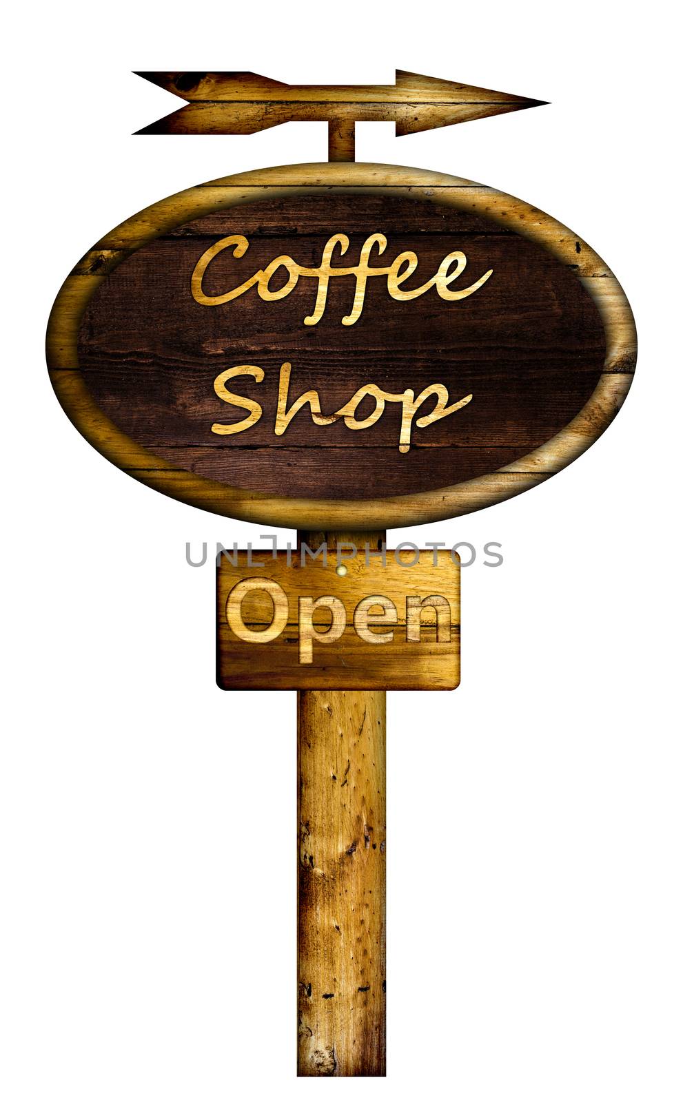 Old wooden coffee shop sign over a white background.