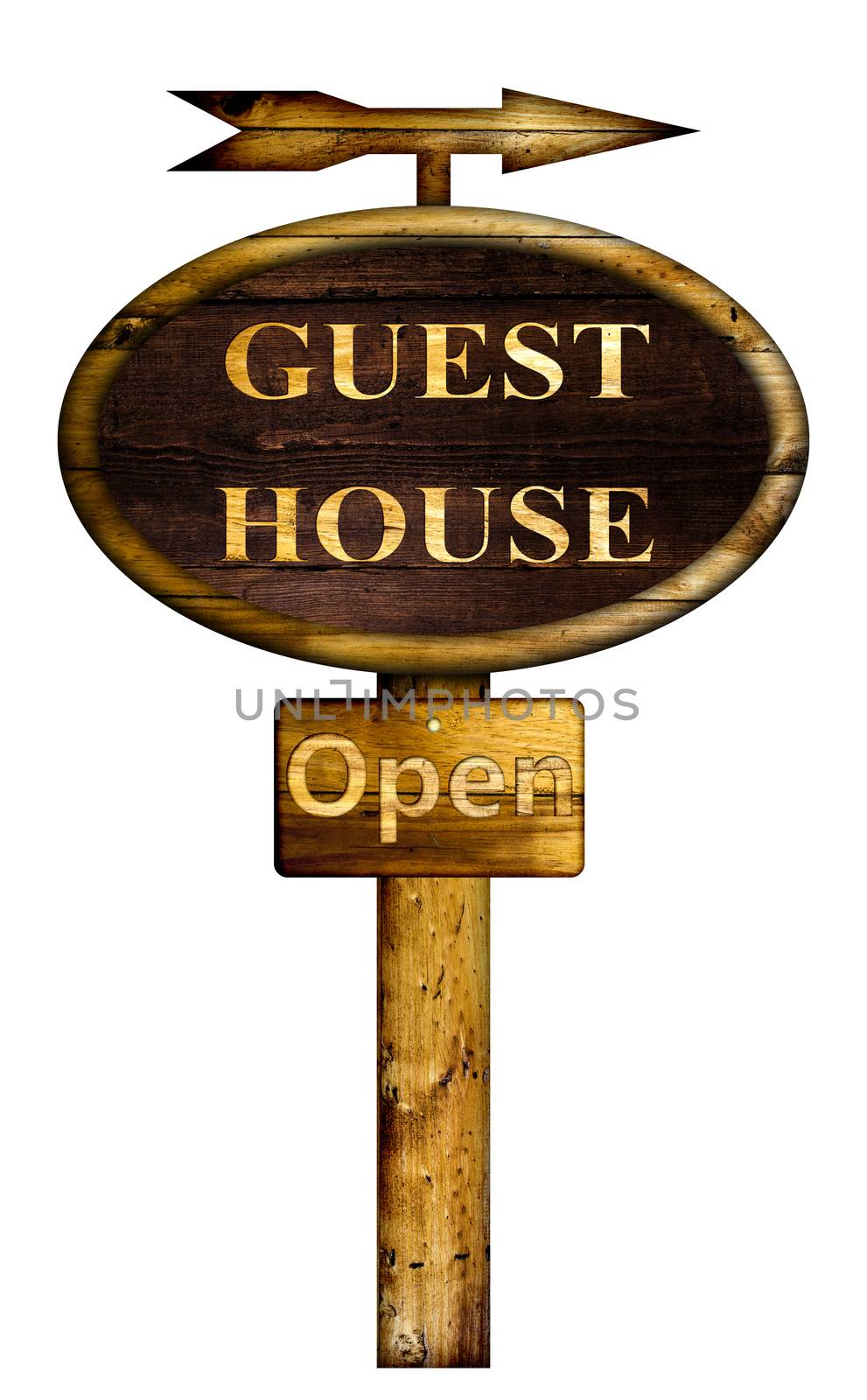 Wooden Guest house sign over a white background.