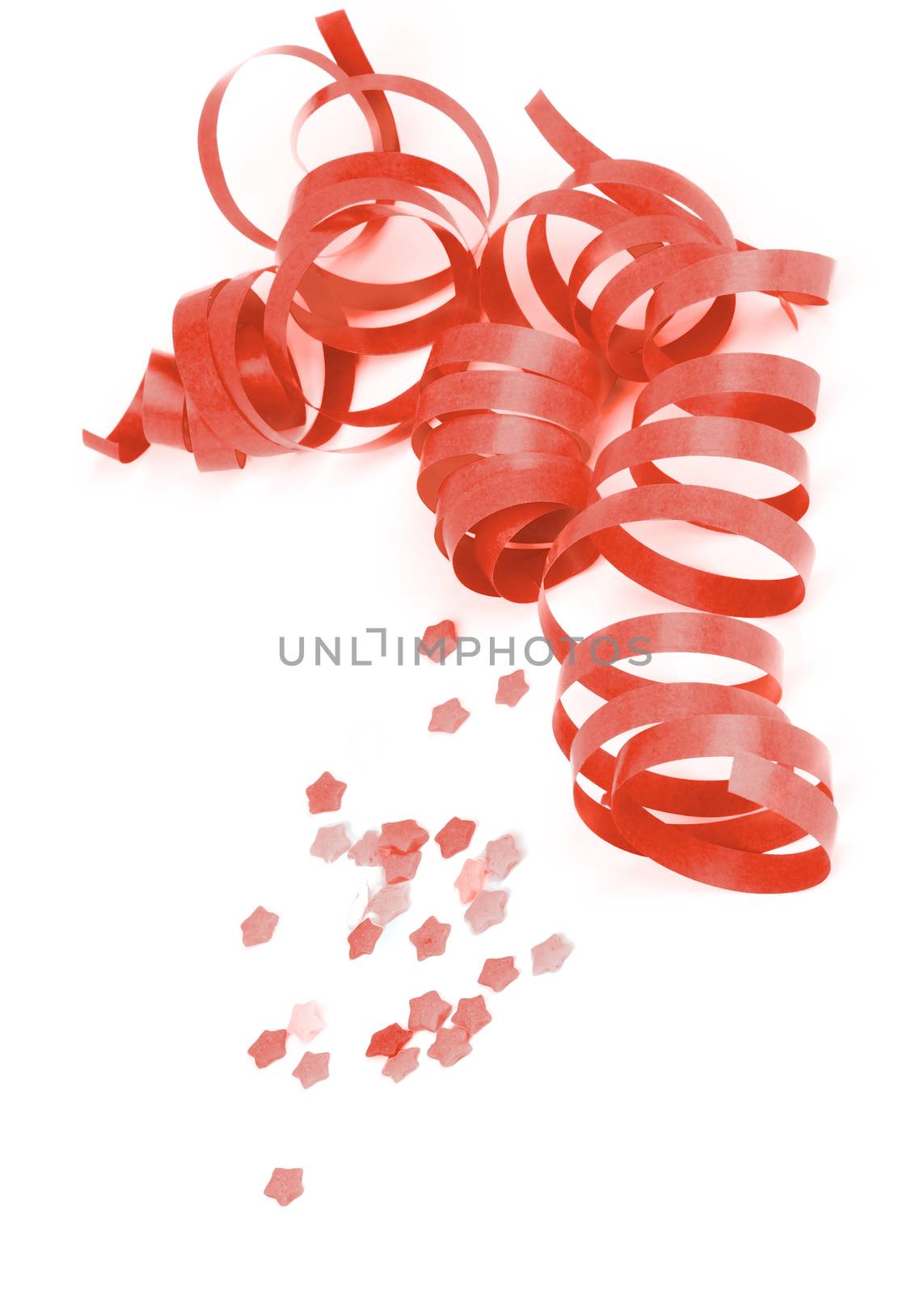 Red Curled Party Streamers and Star Shape Confetti isolated on White background