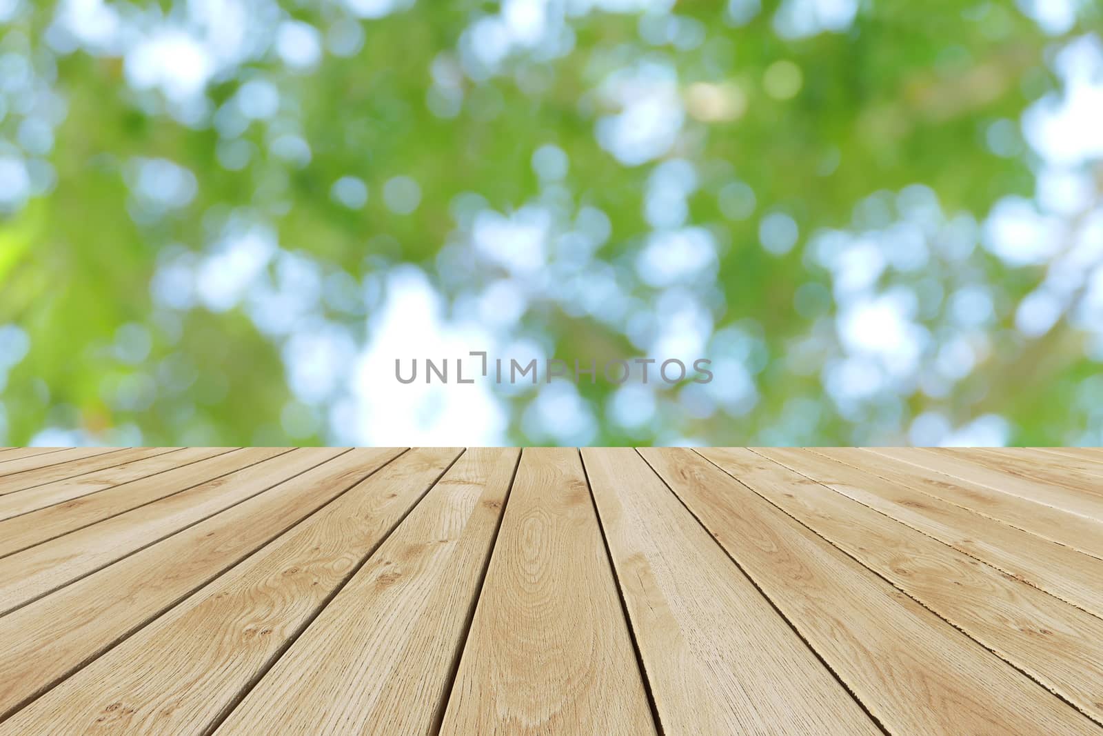 Perspective wood and bokeh light background. product display template