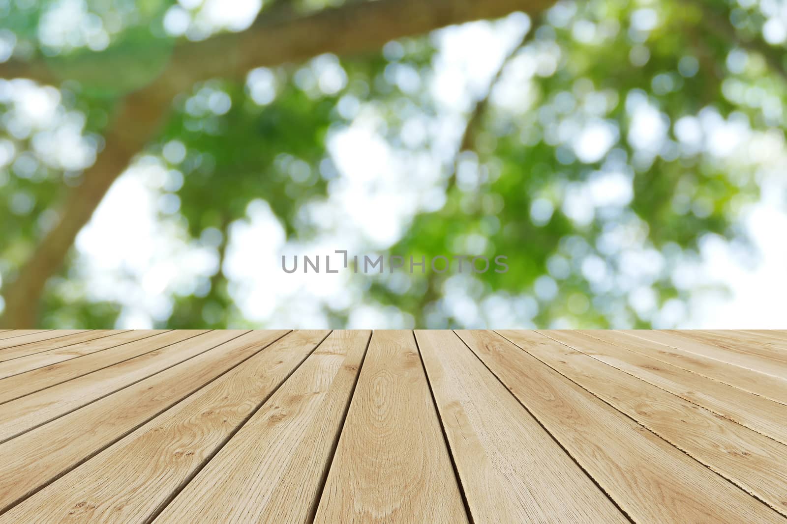 Perspective wood and bokeh light background. product display template