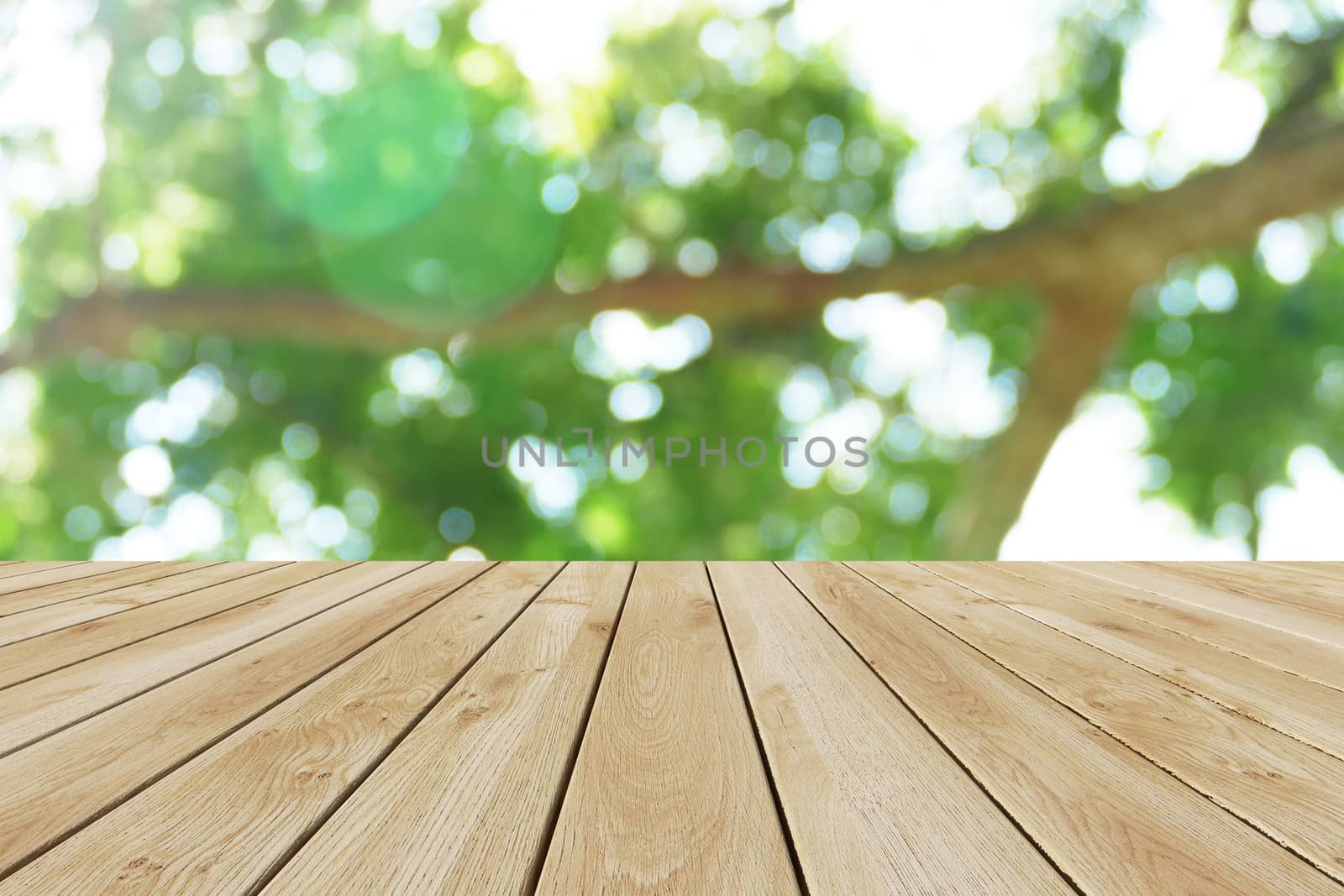 Perspective wood and bokeh light background. product display template