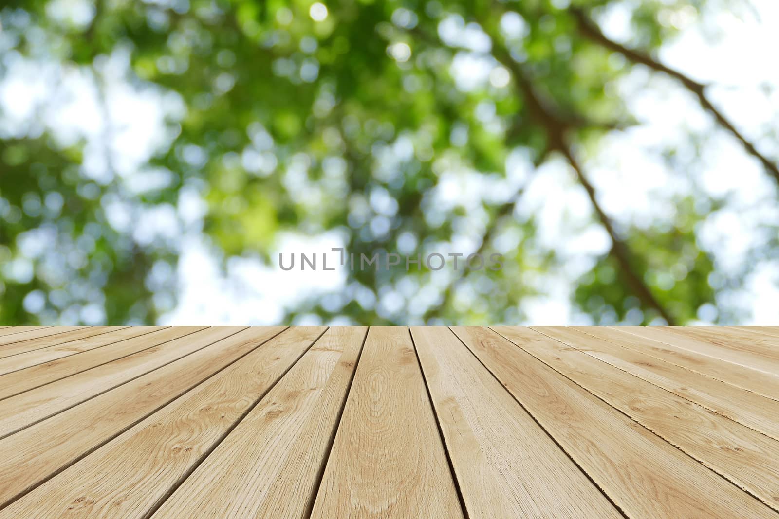 Perspective wood and bokeh light background. product display template