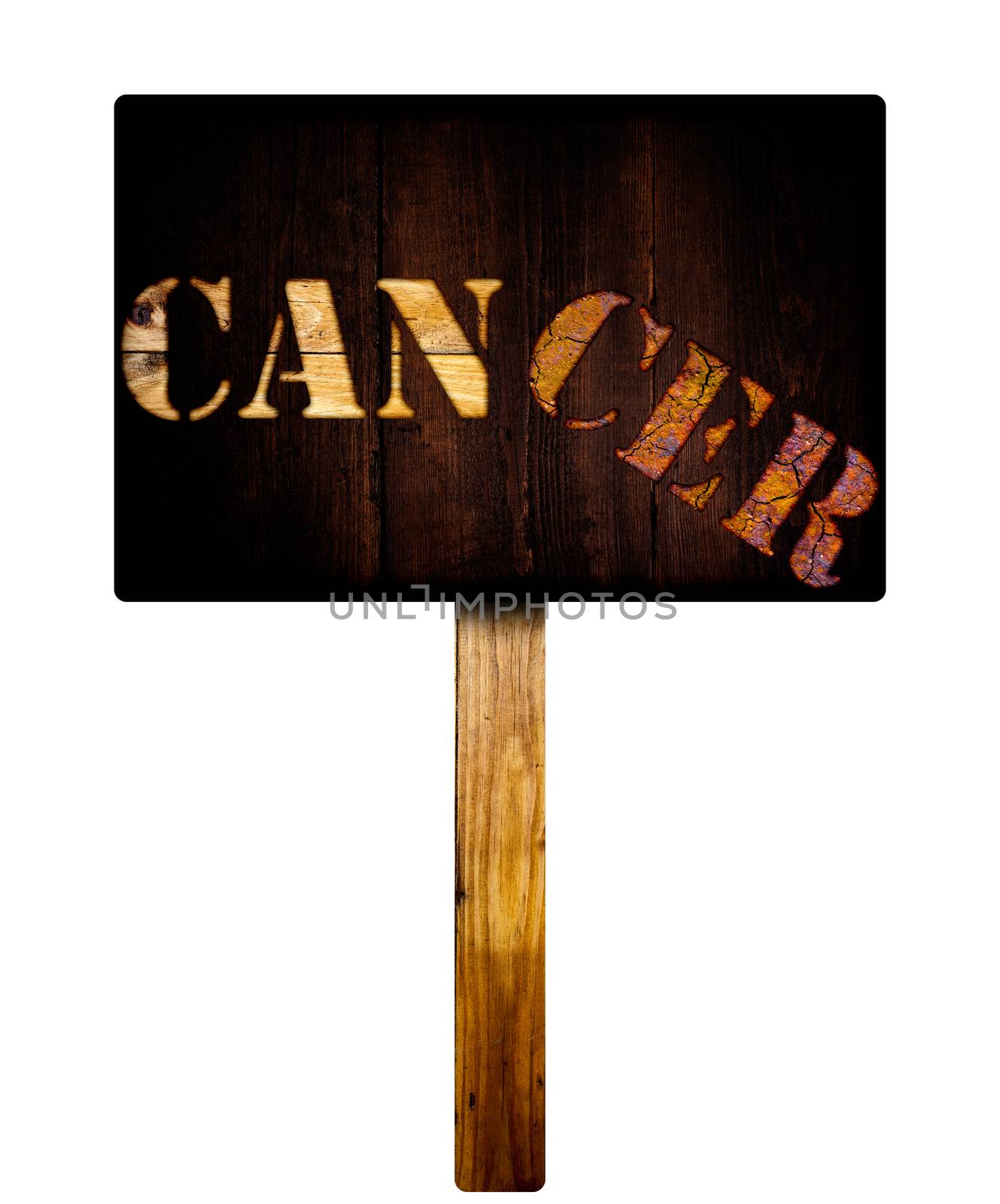 Wooden sign with the word cancer as a concept to say that cancer can be stopped.