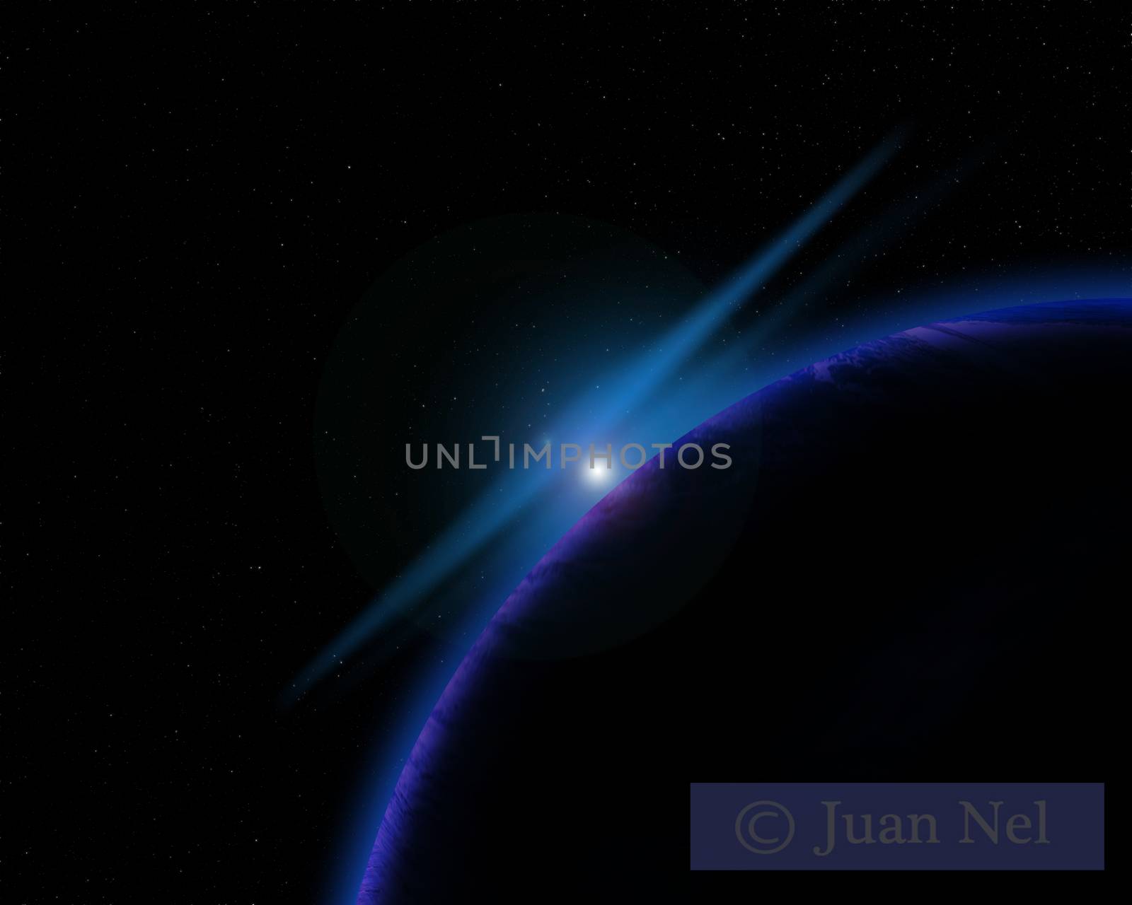 Illustration of a alien planet surrounded by two strange moons.