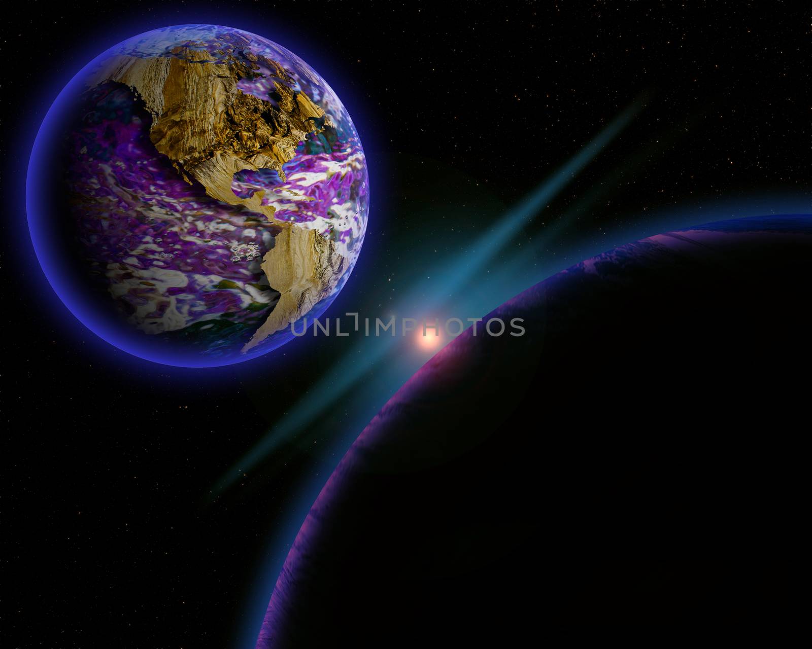 Illustration of a alien planet surrounded by two strange moons.