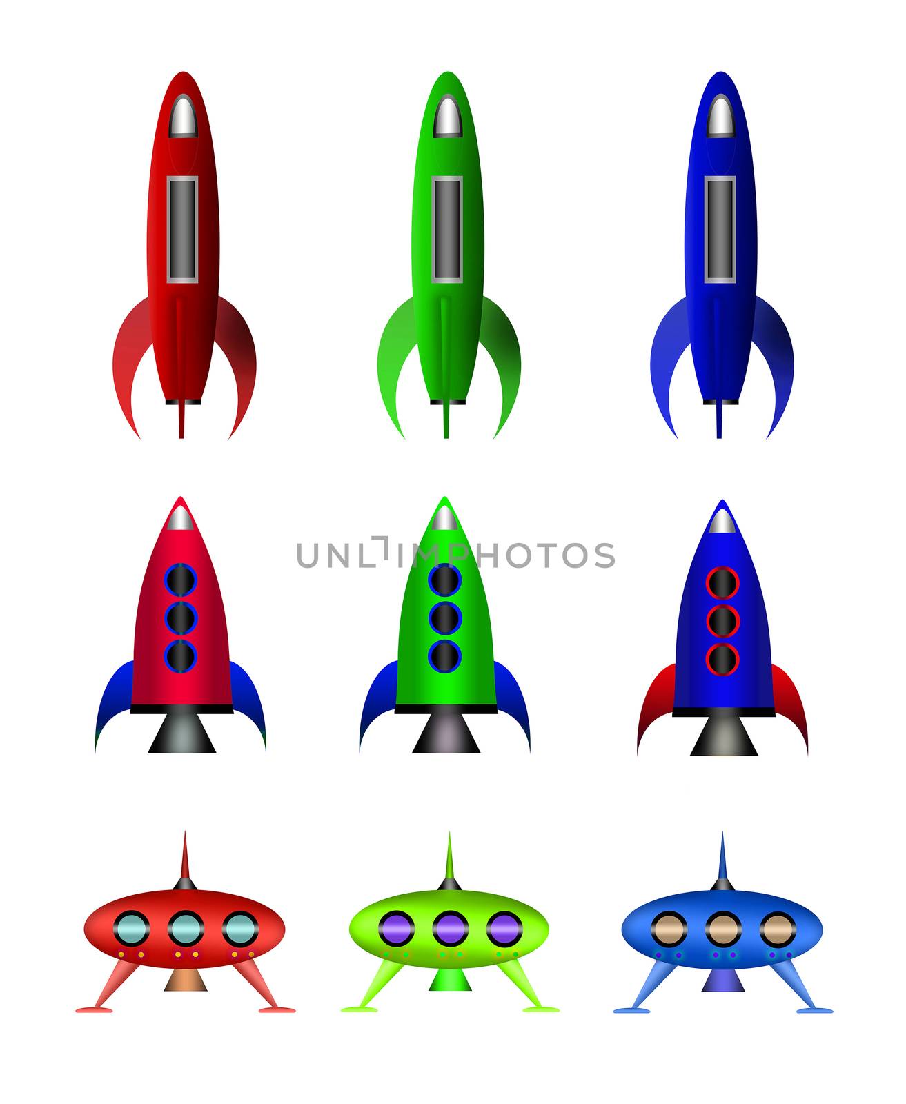 Cartoon rockets isolated on white background.