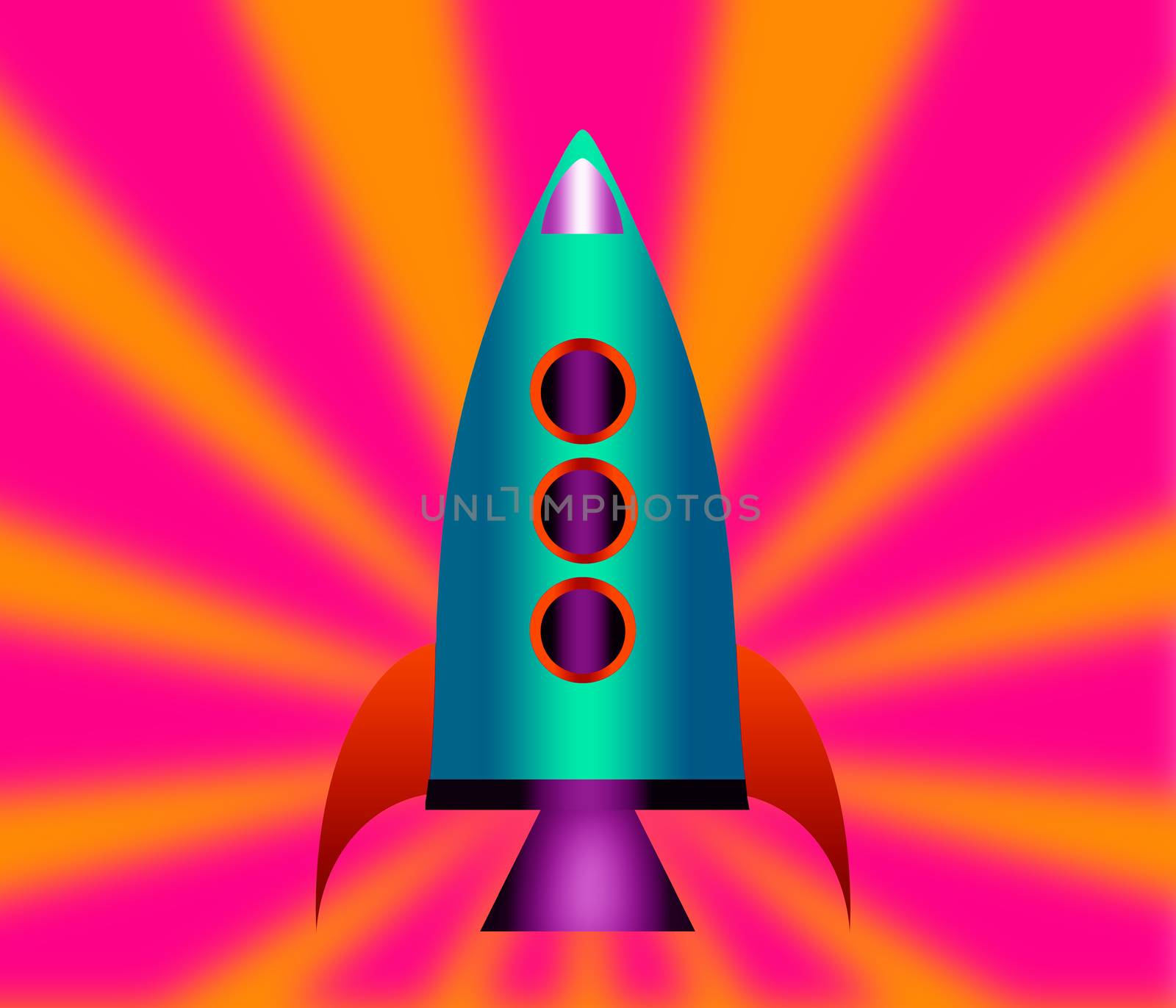 Cartoon rocket over a colorful background.