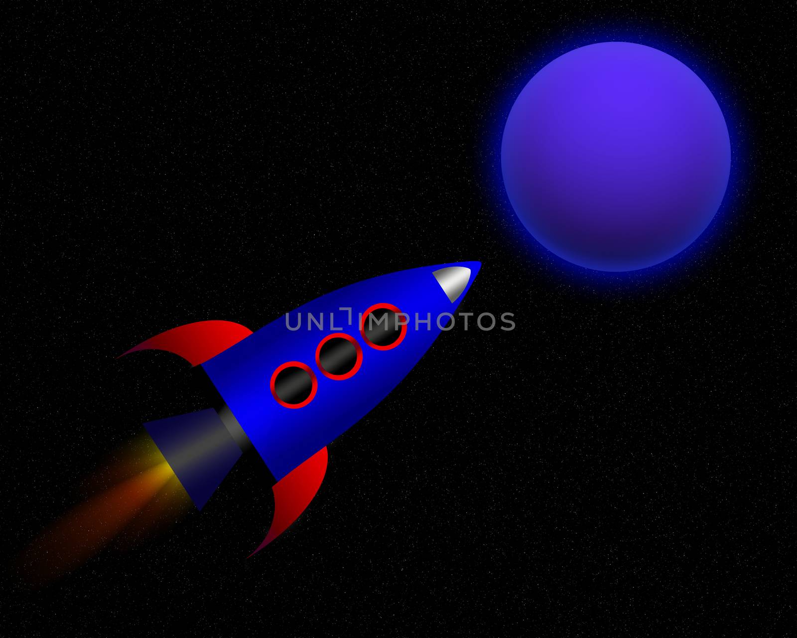 A cartoon rocket exploring a alien planet.
