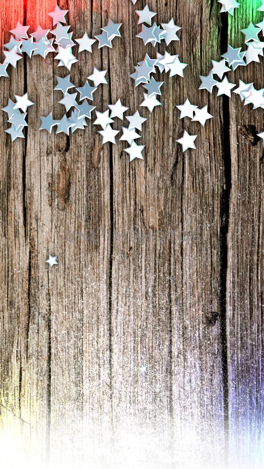 Aerial view of an old wooden table with christmas ornament and fresh snow