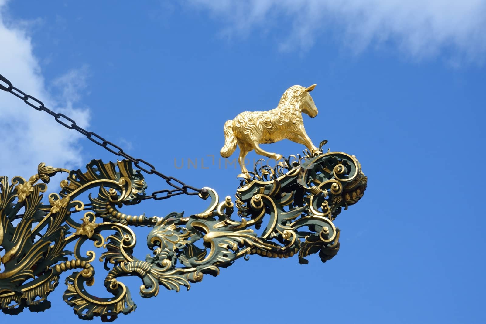 Golden lamb sign with blue sky by pauws99