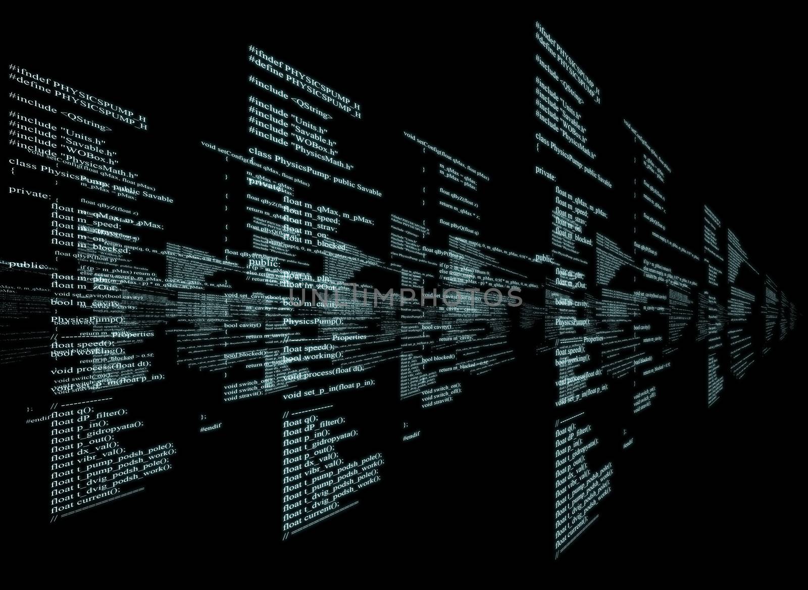 Matrix black background with blue symbols and code