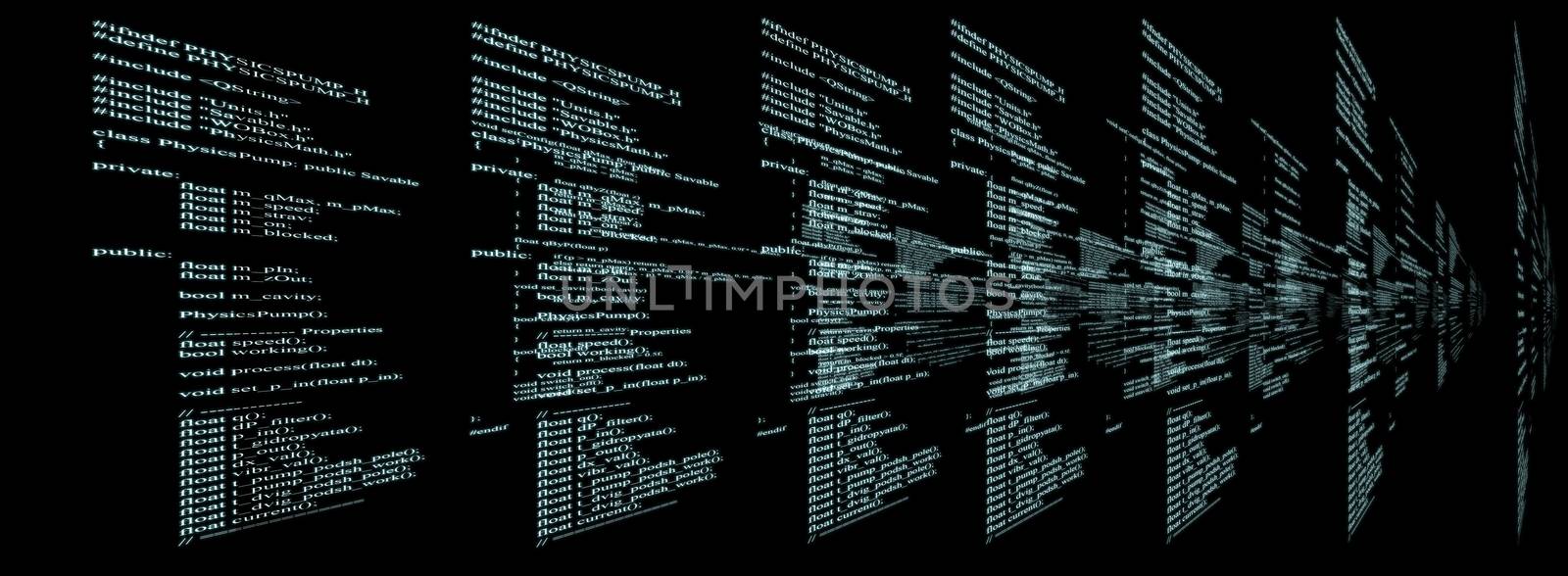 Matrix black background with blue symbols and code
