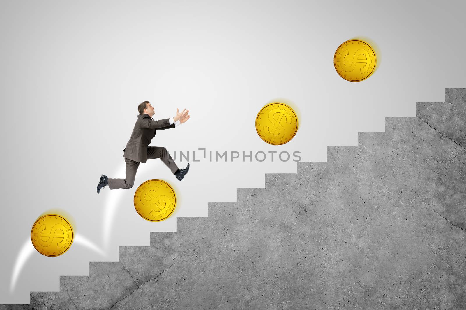 Businessman running up stairs with gold coins by cherezoff