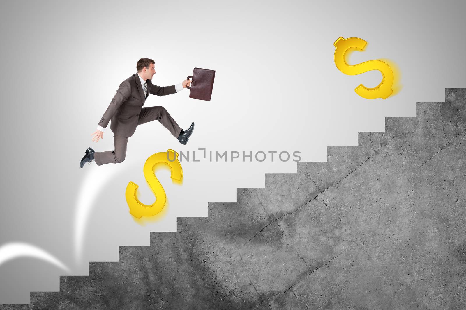 Businessman running fast on abstract background with suitcase