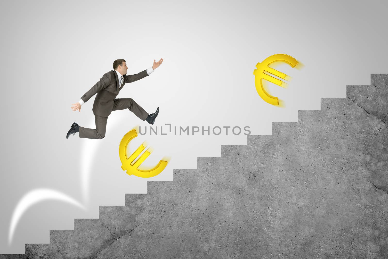 Man running up stairs with gold euro signs by cherezoff