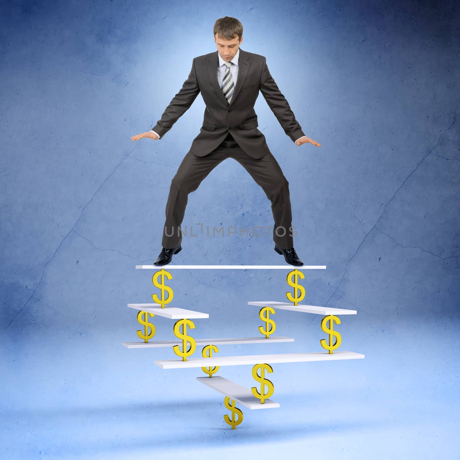 Businessman standing on balance with dollar sign and looking down